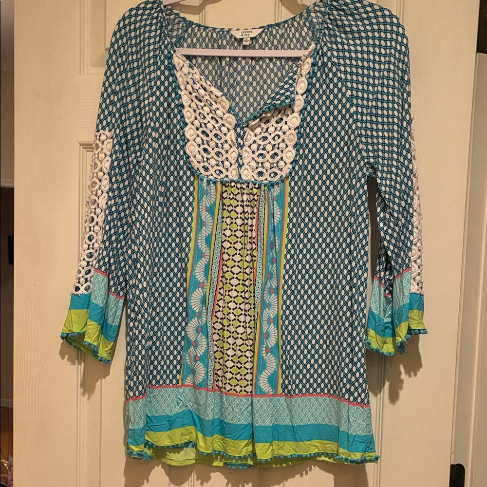 Crown & Ivy Blue and Green Patterned Tunic